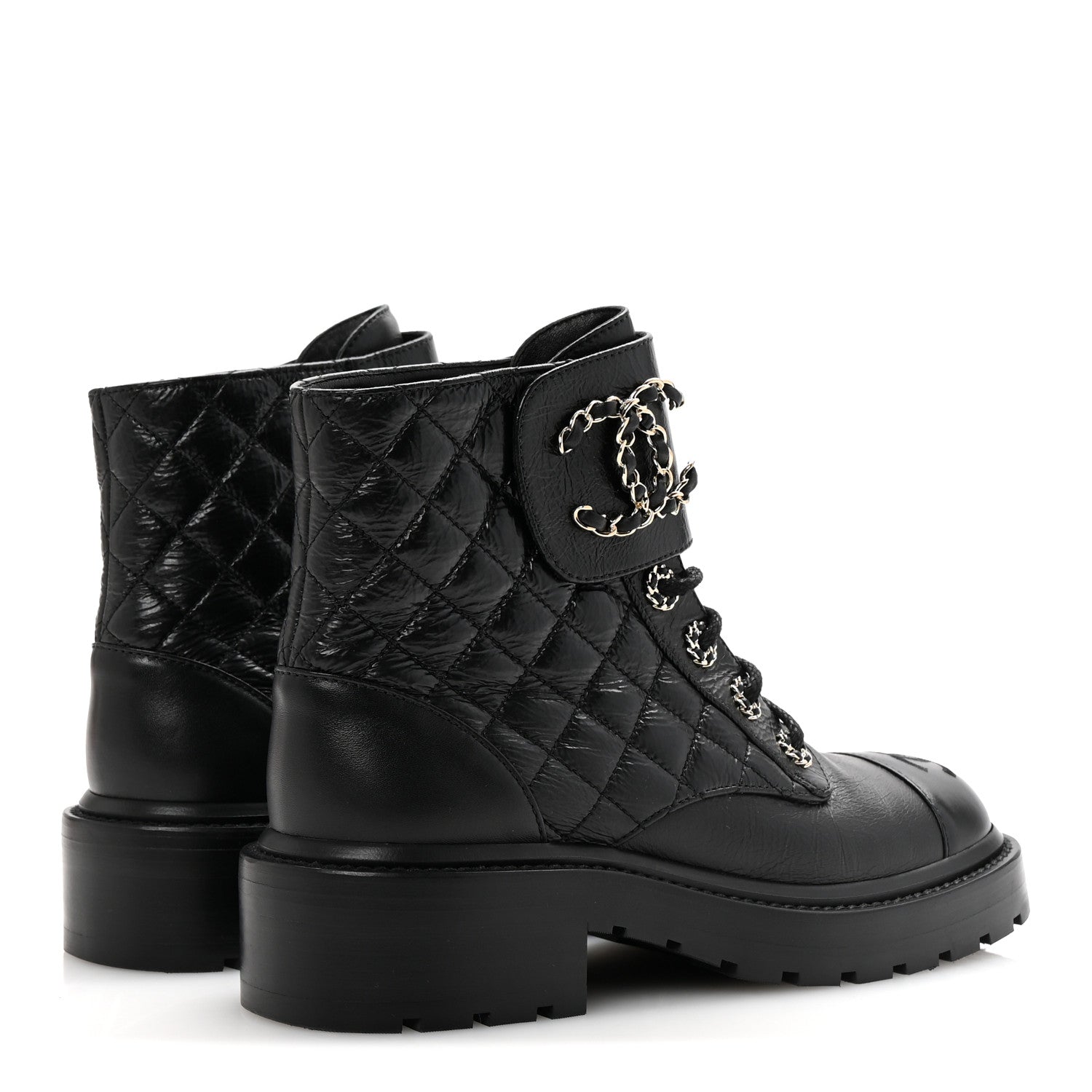 Chanel Shiny Goatskin Calfskin Quilted Lace Up Combat Boots 36.5 Black 5 of 10