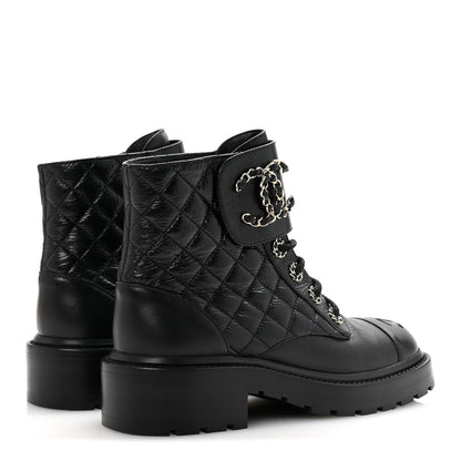 Chanel Shiny Goatskin Calfskin Quilted Lace Up Combat Boots 36.5 Black 5 of 10