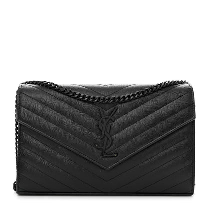 Saint Laurent Grain De Poudre Matelasse Chevron Monogram Monochrome Chain Wallet Black 1 of 9