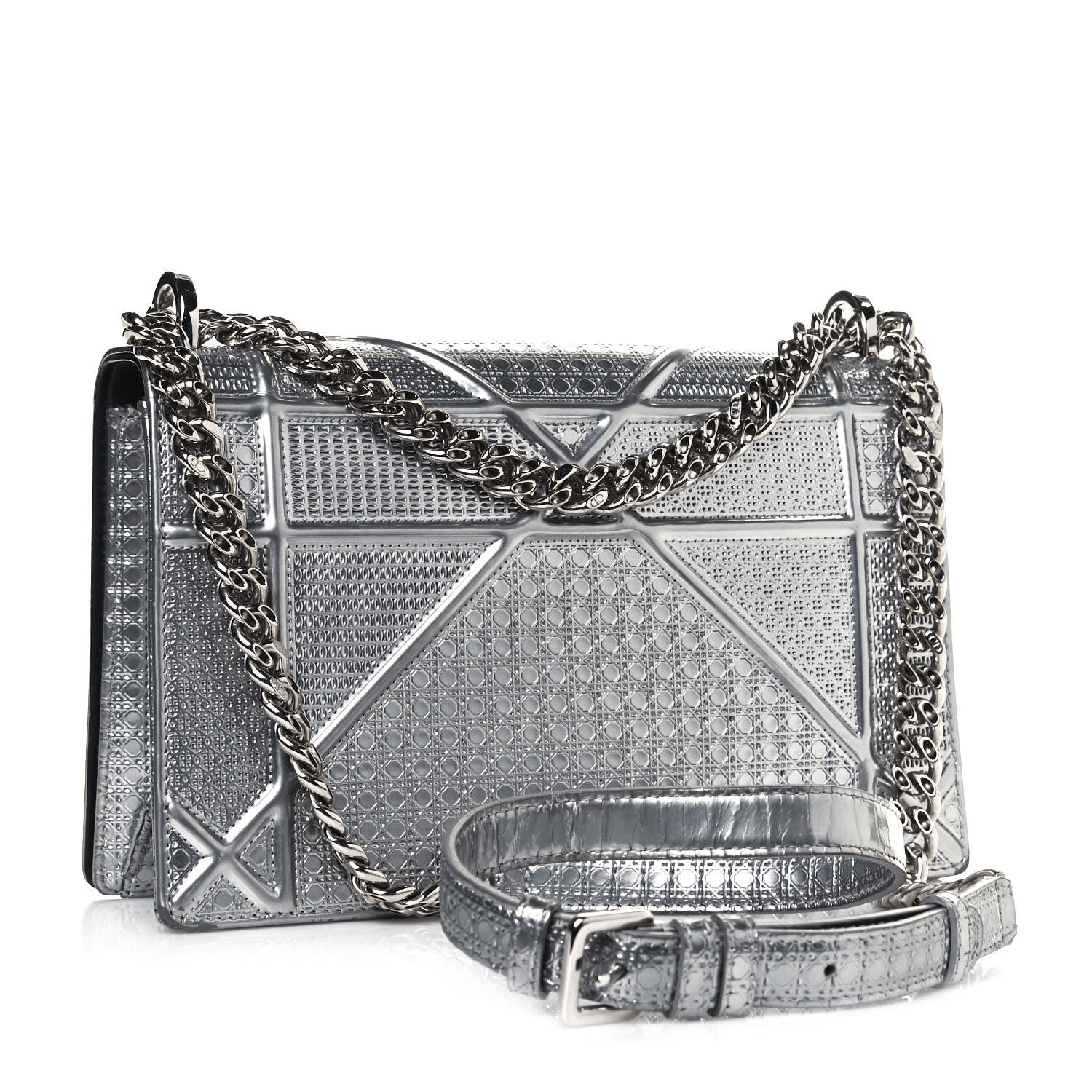 Christian Dior Metallic Patent Micro-Cannage Medium Diorama Flap Bag Silver 3 of 18