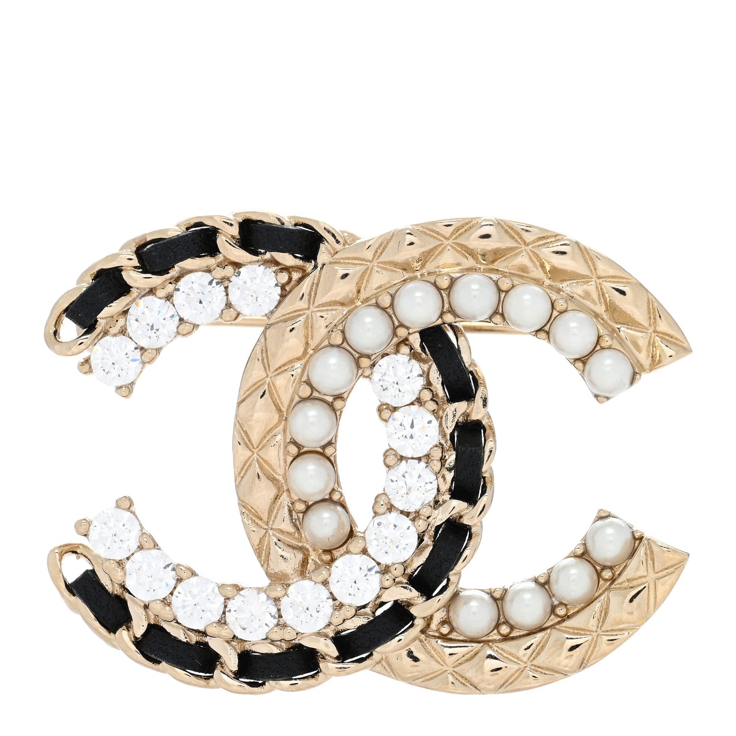 Lambskin Crystal CC Chain Brooch Black Gold
