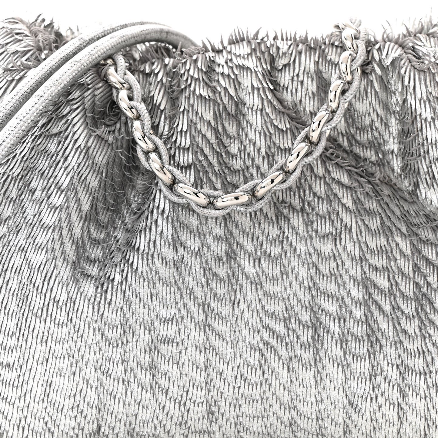 Metallic Nappa Calfskin Fringed Medium Chain Flamenco Knot Purse Silver