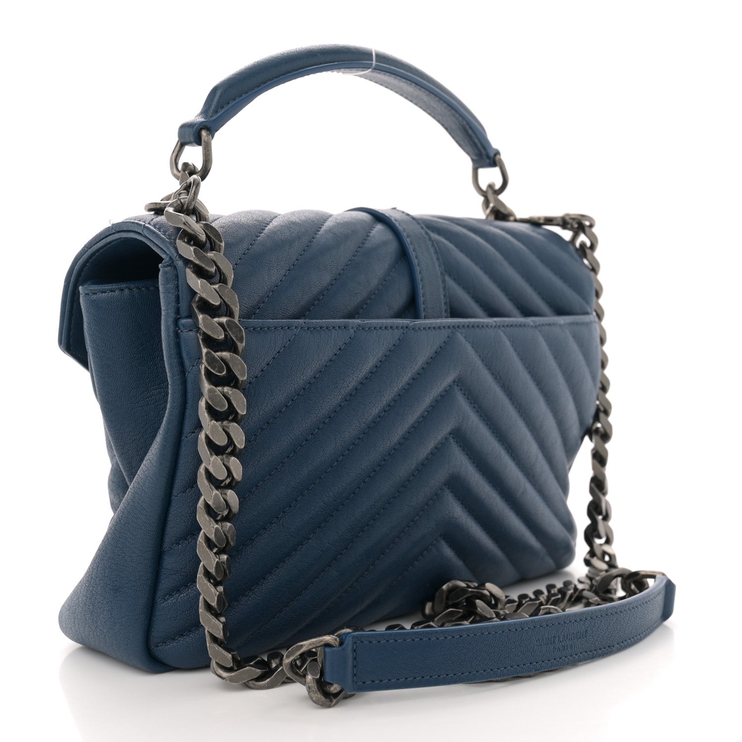Saint Laurent Sheepskin Matelasse Chevron Monogram Medium College Bag Blue Charron 3 of 12