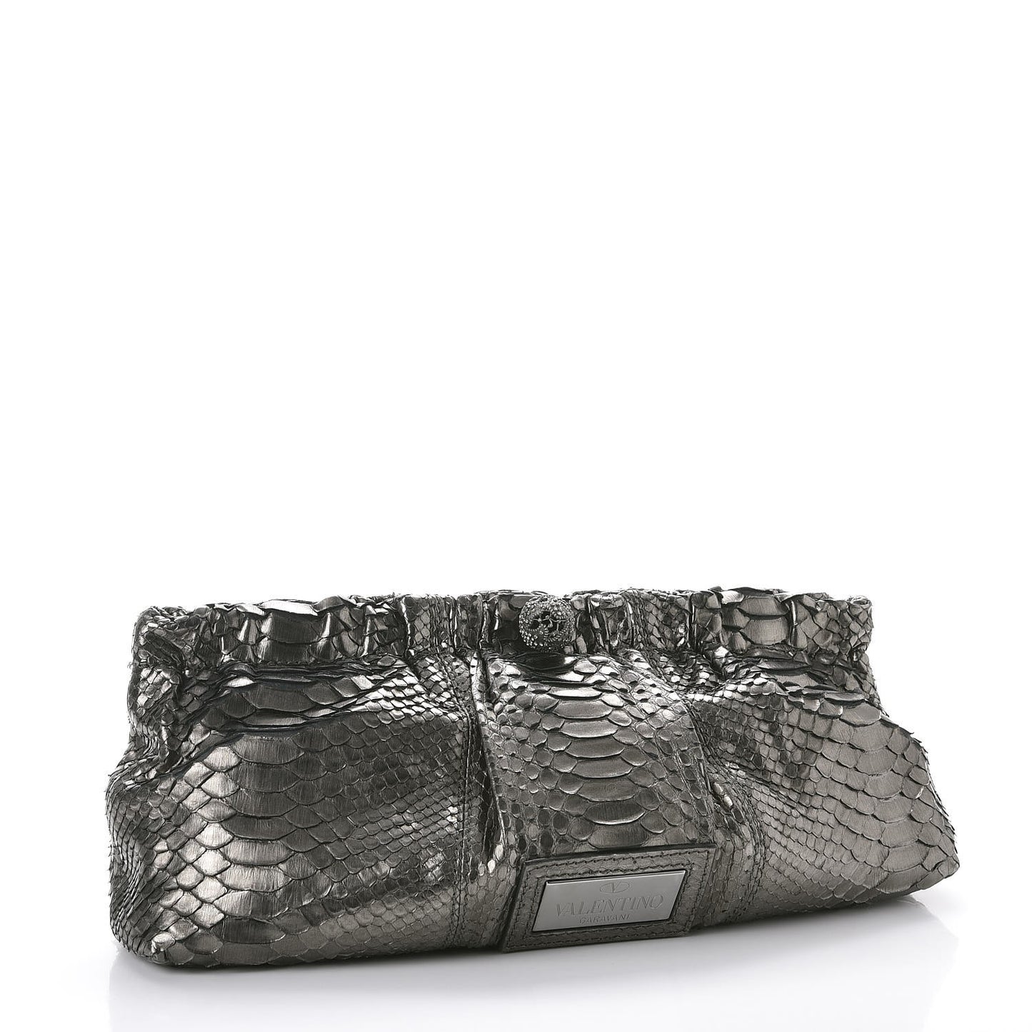 Metallic Python Crystal Pleated Clutch Dark Silver