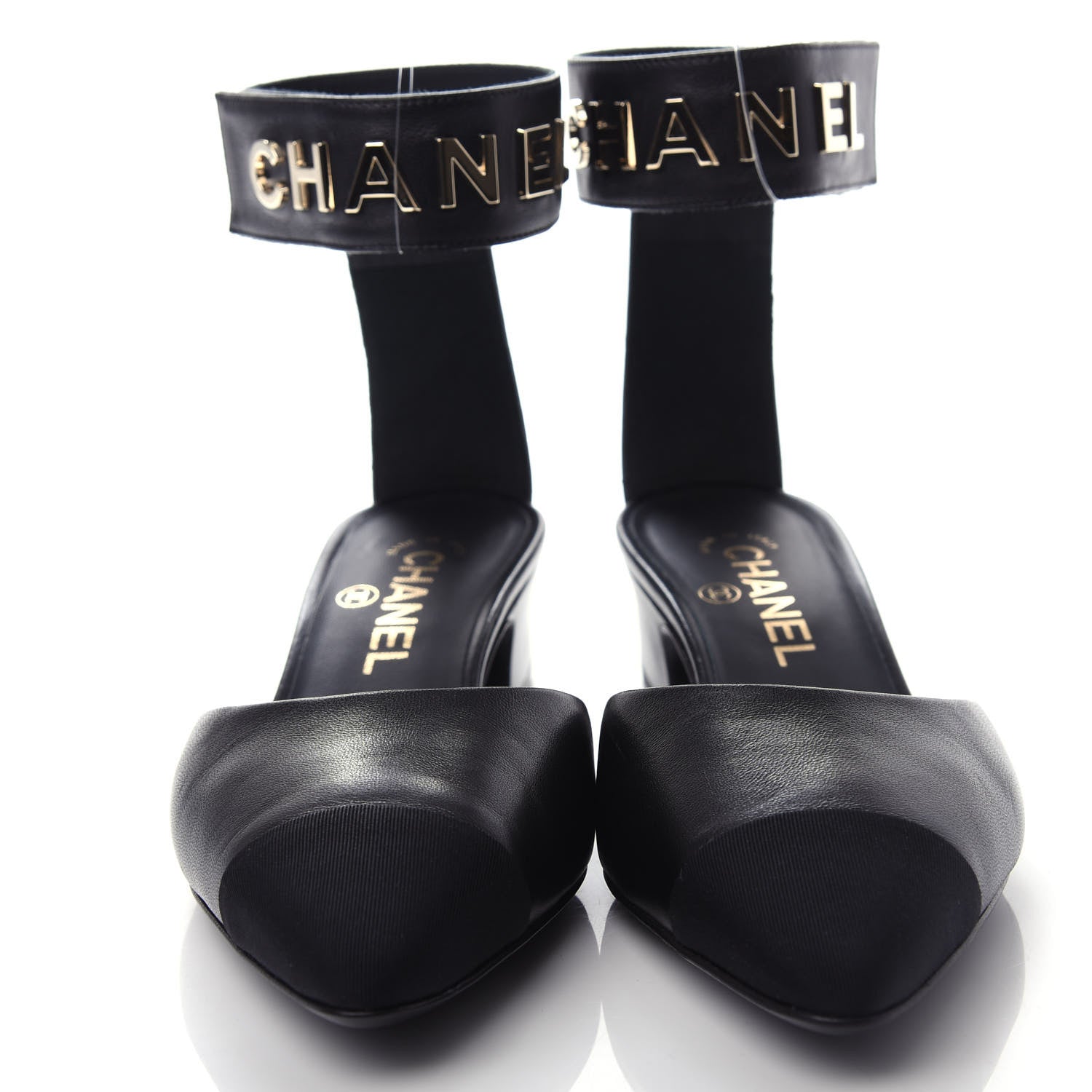 Chanel Lambskin Grosgrain Cap Toe Logo Ankle Strap Pumps 37.5 Black 5 of 11