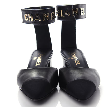 Chanel Lambskin Grosgrain Cap Toe Logo Ankle Strap Pumps 37.5 Black 5 of 11