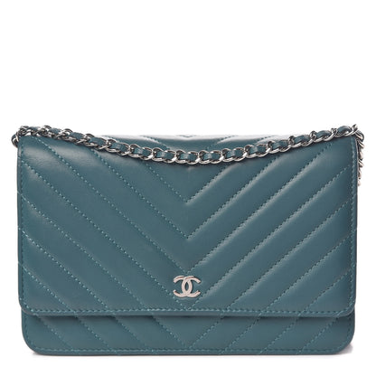 Chanel Lambskin Chevron Quilted Wallet On Chain WOC Blue 1 of 15