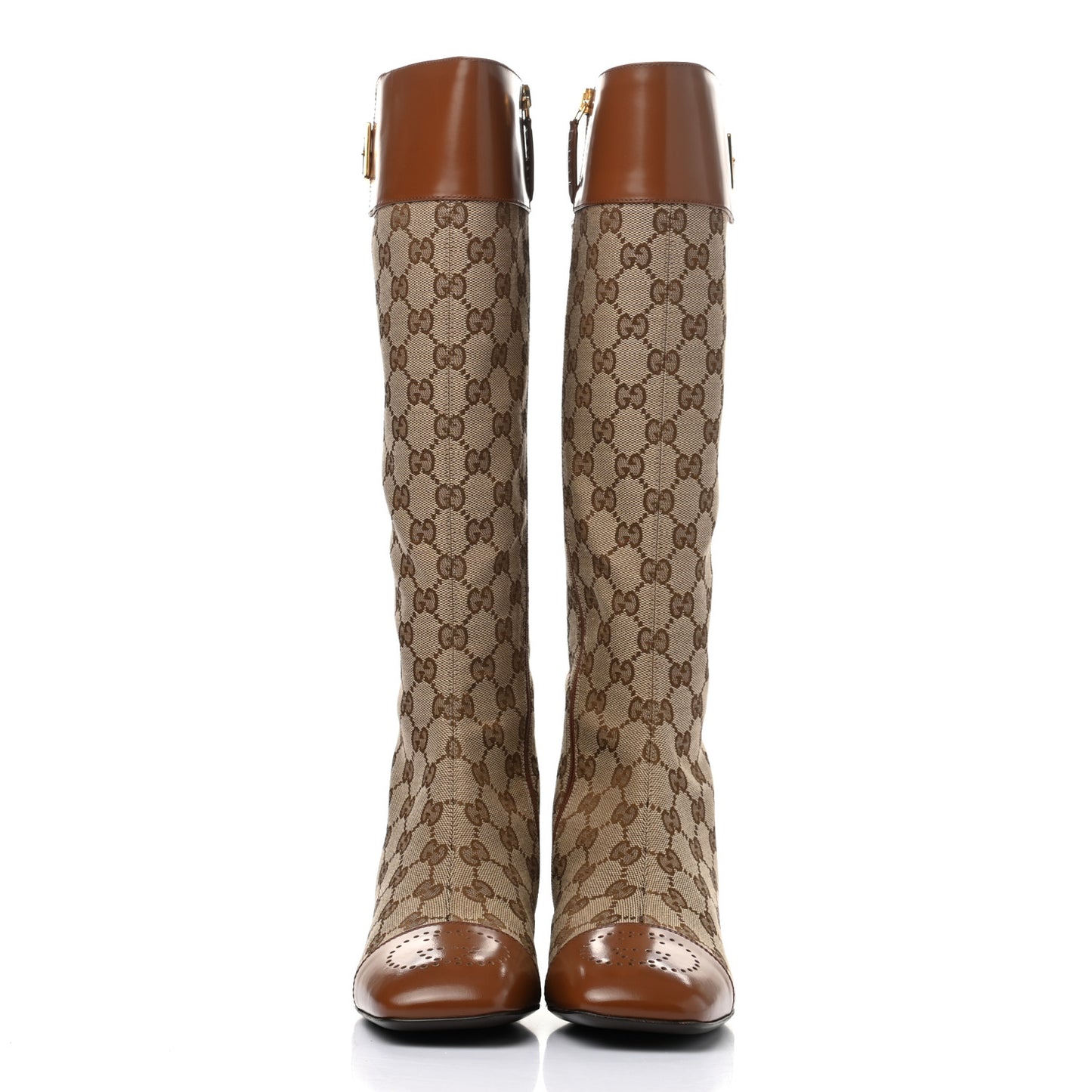 Monogram Cordovan Lux GG Knee High Boots 38 Beige Cuir