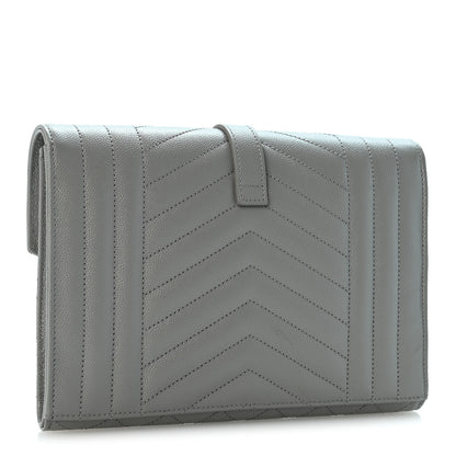 Saint Laurent Grain De Poudre Textured Mixed Matelasse Triquilt Monogram Clutch New Stone Grey 3 of 13