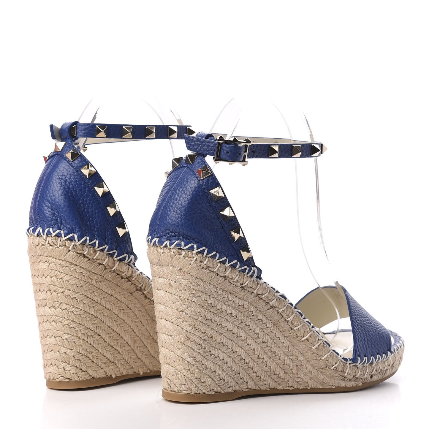Grained Calfskin Rockstud Ankle Strap Espadrille 15/105mm Wedge Sandals 38 Blu Delft Natural