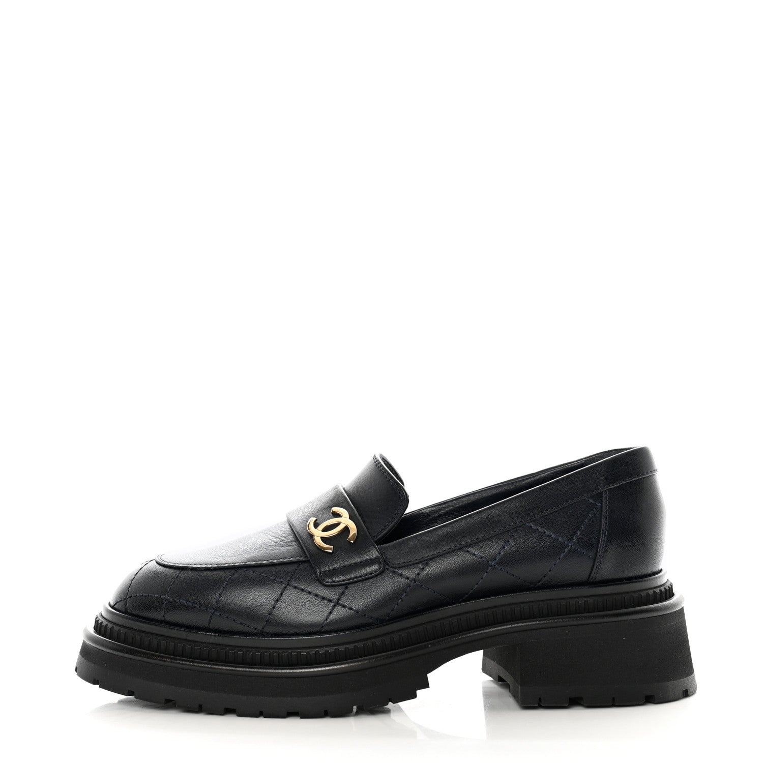 Chanel Calfskin Quilted CC Mocassin Loafers 37 Navy Blue 1 of 11