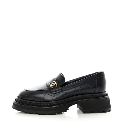 Chanel Calfskin Quilted CC Mocassin Loafers 37 Navy Blue 1 of 11