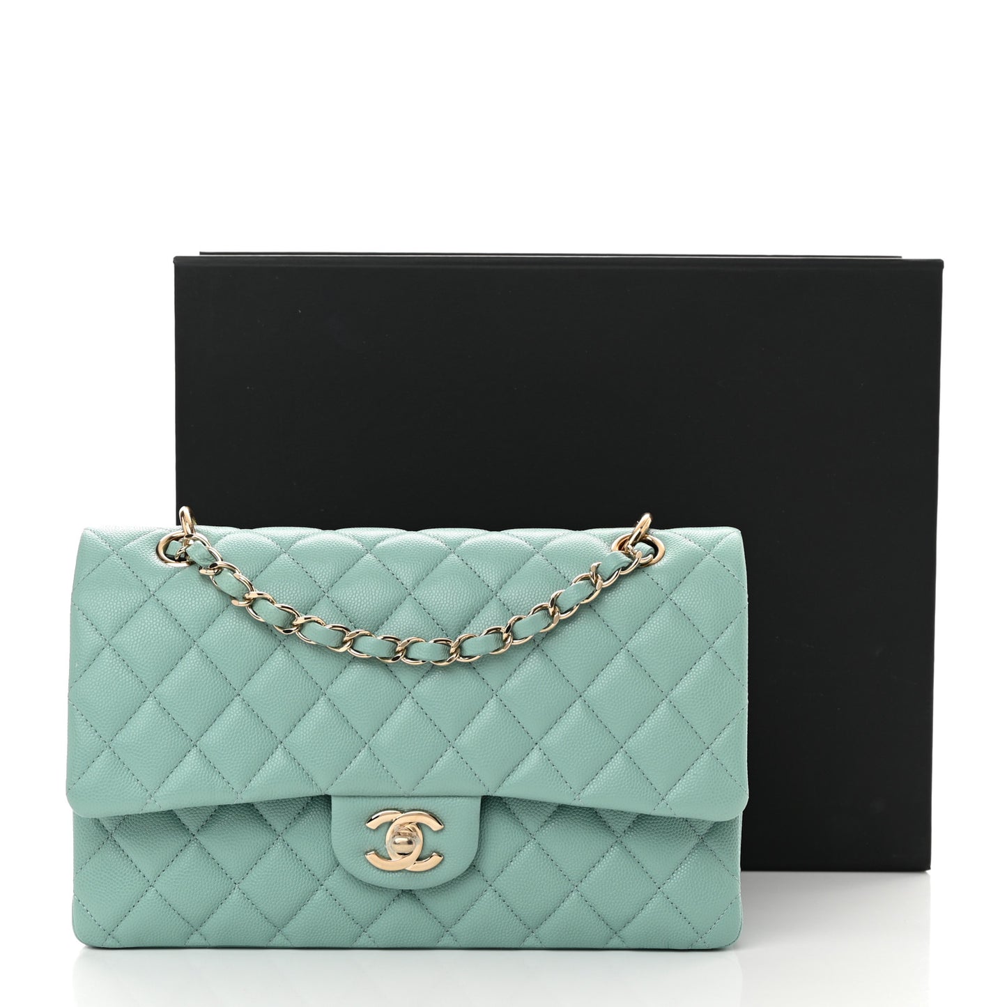 Caviar Quilted Medium Double Flap Light Blue