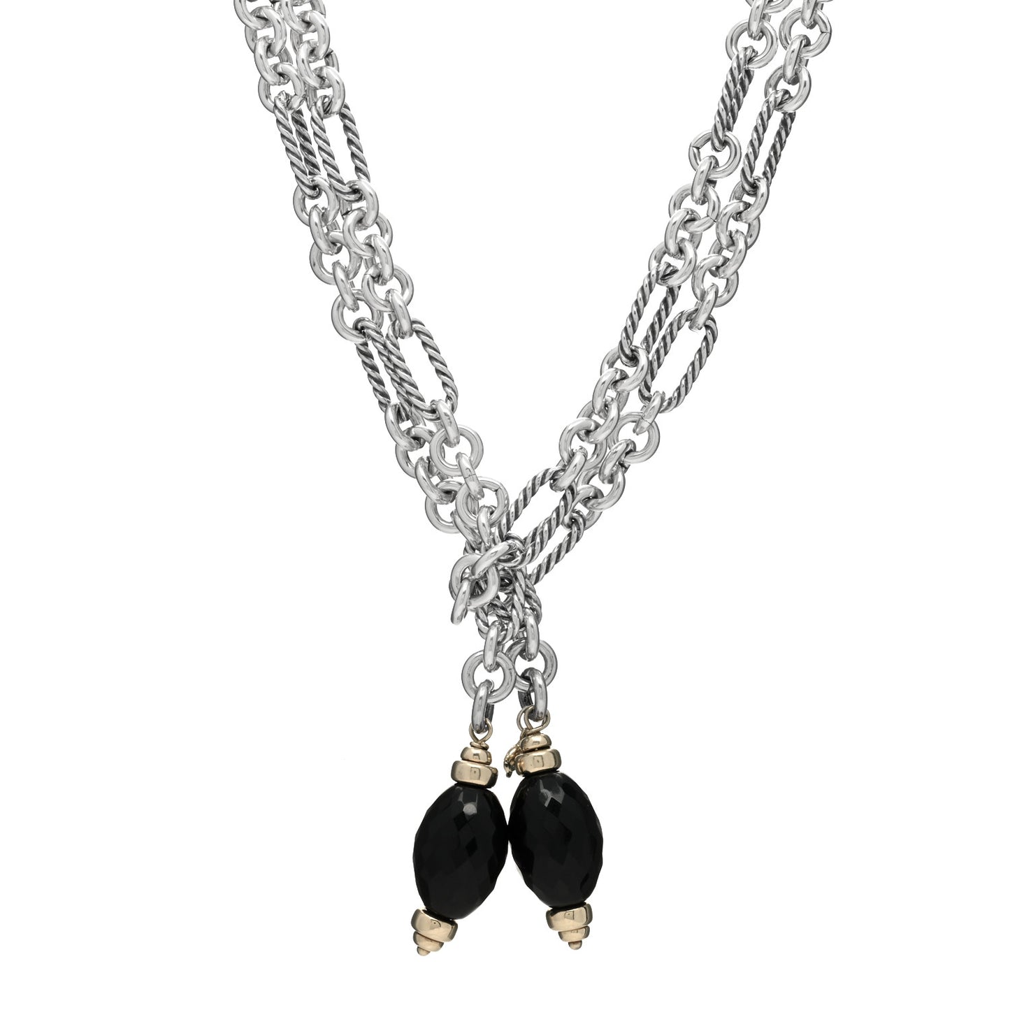 Sterling Silver 18K Yellow Gold Black Onyx Figaro Chain Wrap Necklace