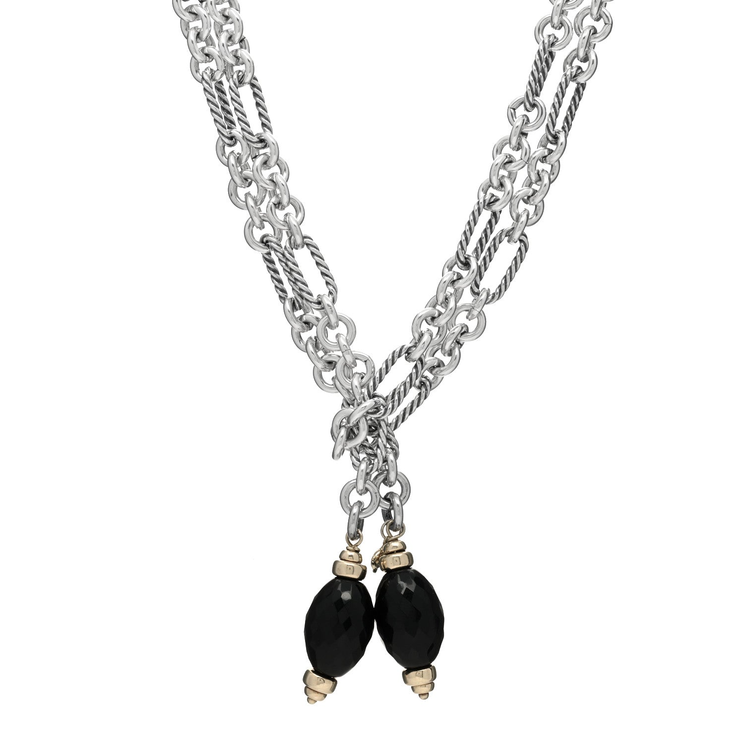 David Yurman Sterling Silver 18K Yellow Gold Black Onyx Figaro Chain Wrap Necklace 1 of 3