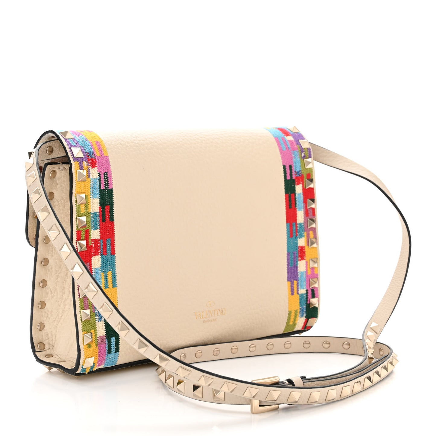 Pebbled Calfskin Embroidered Medium Rockstud Flip Lock Crossbody Bag Ivory
