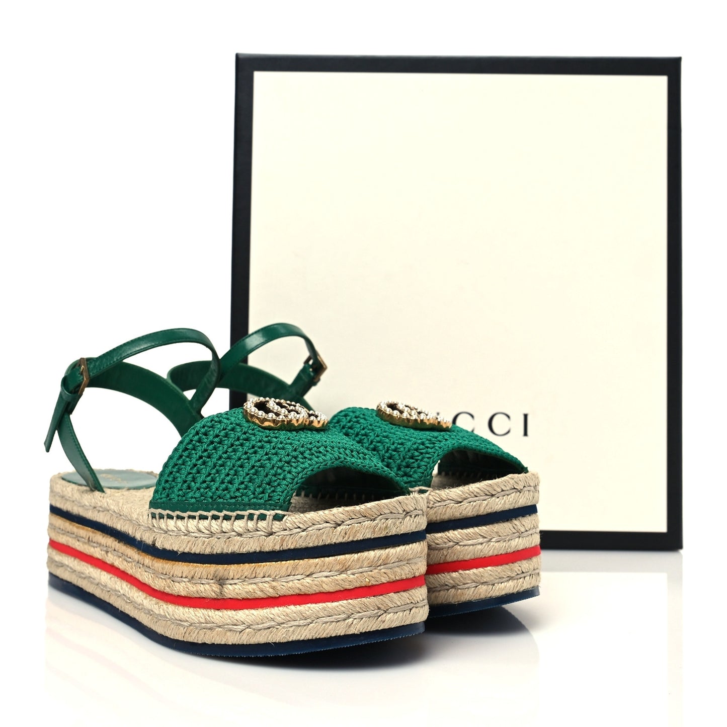 Cotton Malaga Kid Crochet Pearly GG Lilibeth Espadrille Platform Sandals 39.5 Emerald