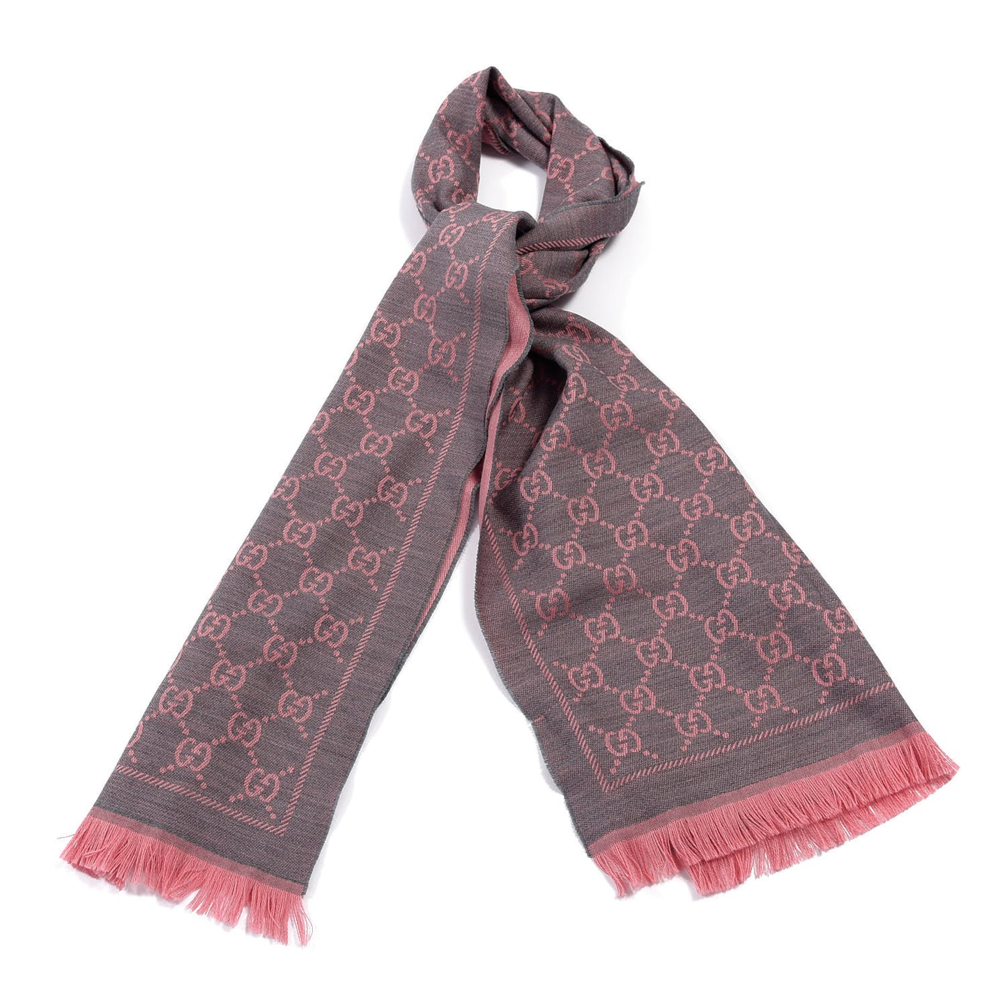 Wool Jacquard GG Monogram Sten Fringe Scarf Graphite Pink