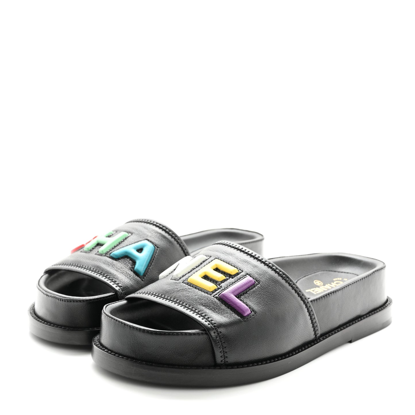 Lambskin Cha-Nel Mule Sandals 35 Black Multicolor