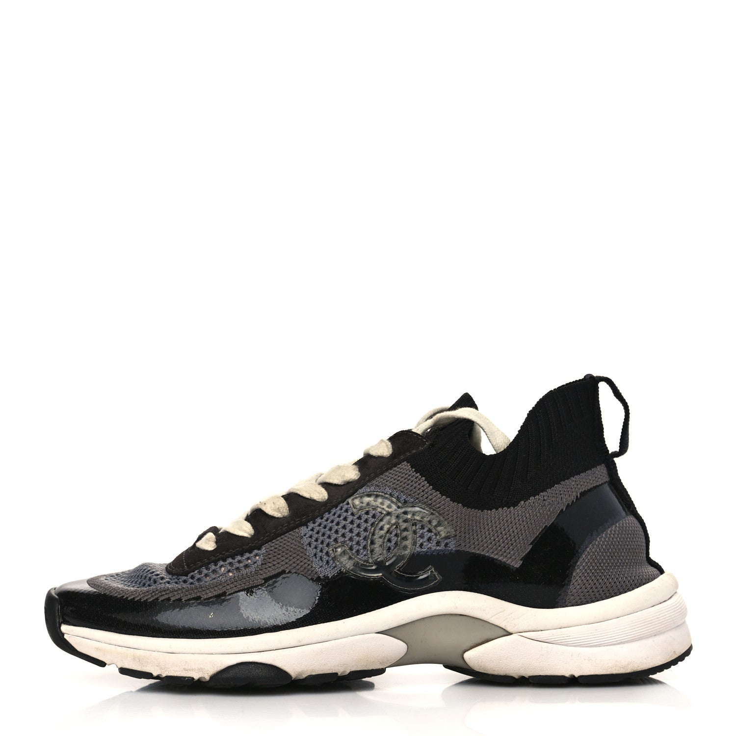 Chanel Fabric Suede Calfskin Womens CC Sneakers 39 Black Grey 1 of 7