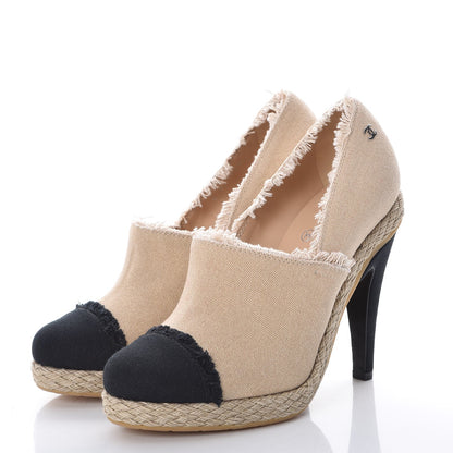 Chanel Toile Cap Toe Espadrille Pumps 39 Beige Black 3 of 9