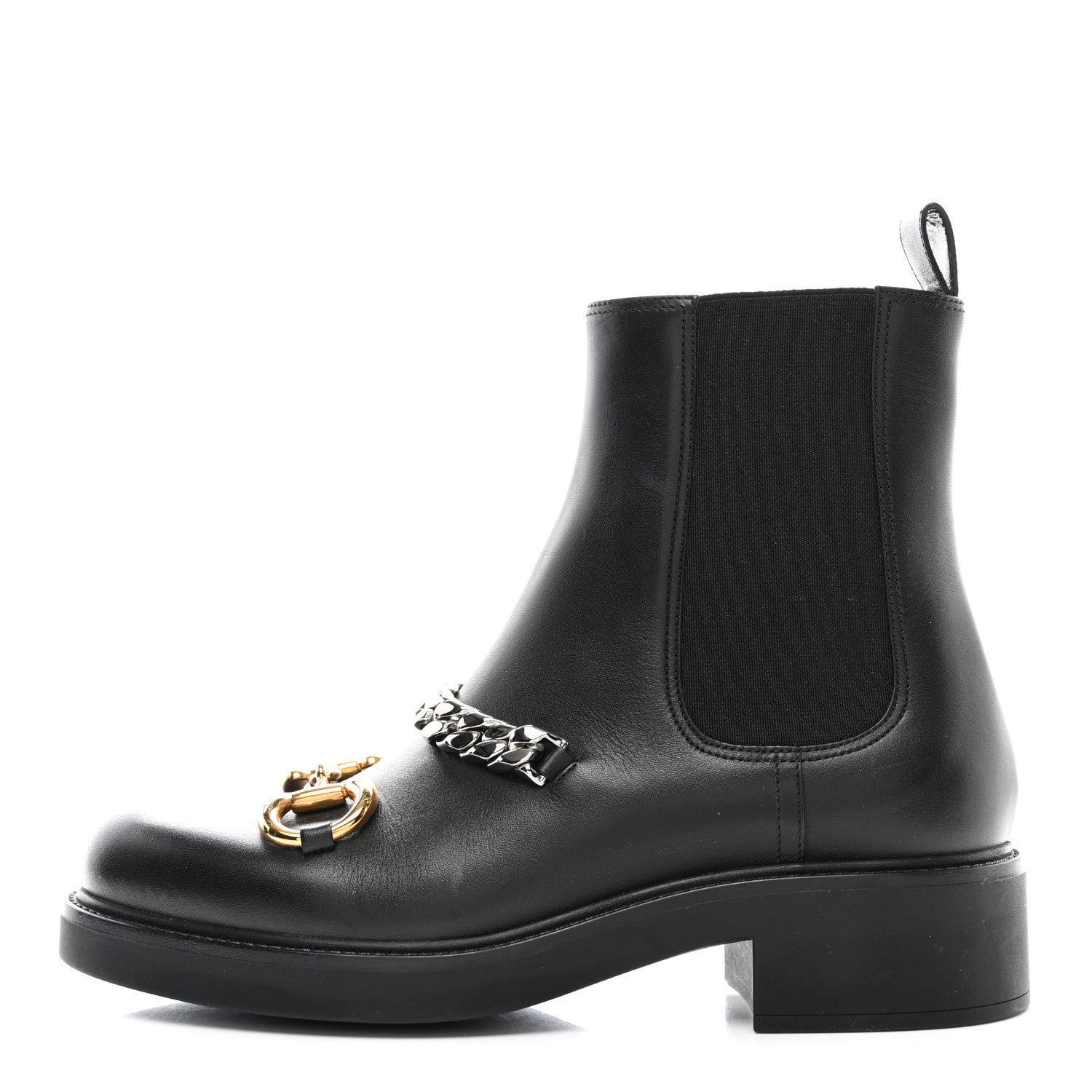 Gucci Flores Calfskin Horsebit Chain Ankle Boots 39.5 Black 1 of 9