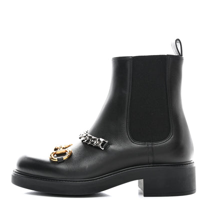 Gucci Flores Calfskin Horsebit Chain Ankle Boots 39.5 Black 1 of 9