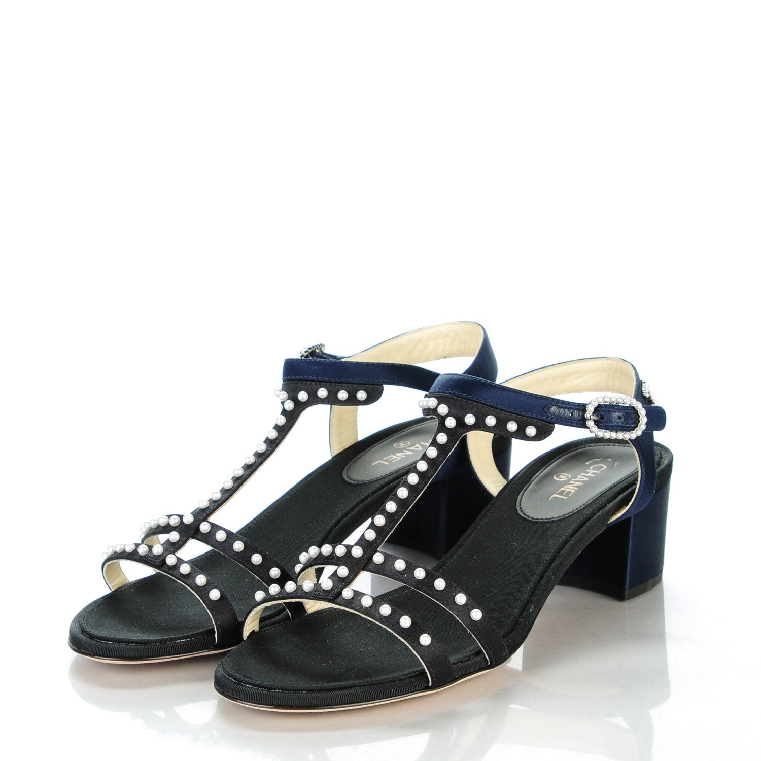 Chanel Satin Pearl Sandals 37.5 Black Navy 3 of 8