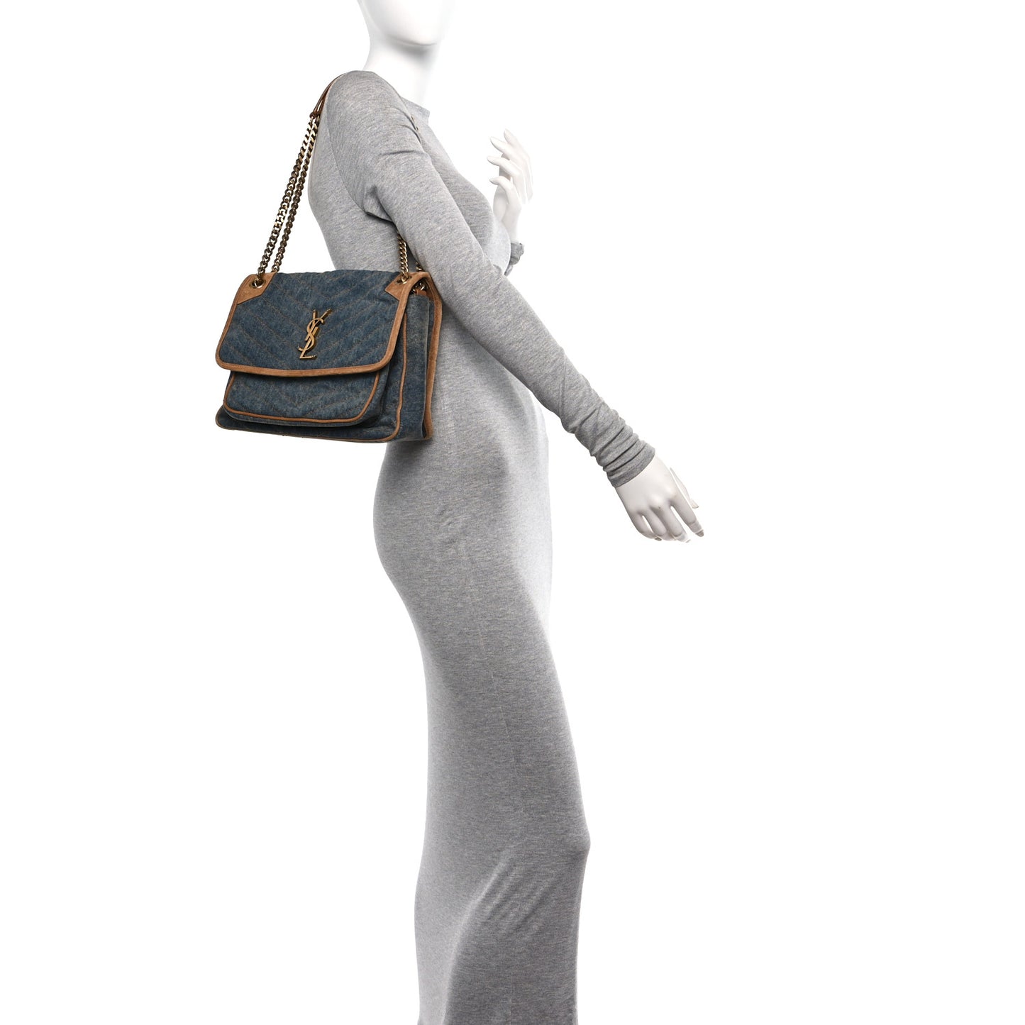 Denim Suede Monogram Medium Niki Chain Satchel Blue Cinnamon