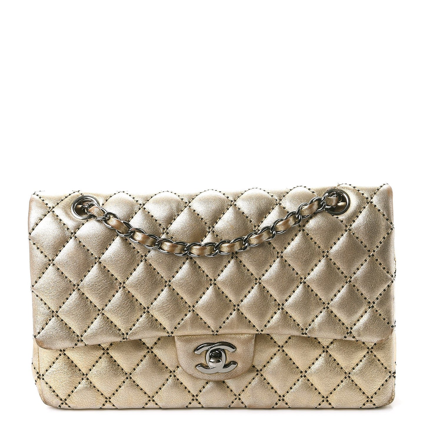 Metallic Lambskin Quilted Stitch Medium Double Flap Light Gold