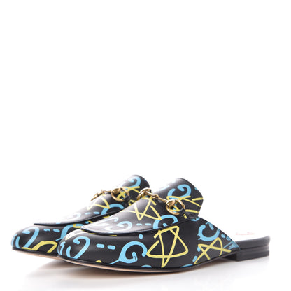 Gucci Calfskin GucciGhost Print Womens Princetown Slippers 37.5 Black New Acquamarine 3 of 8