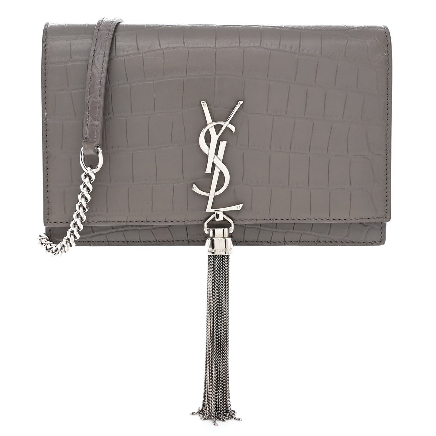Calfskin Crocodile Embossed Kate Monogram Tassel Chain Wallet Fog