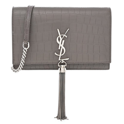 Saint Laurent Calfskin Crocodile Embossed Kate Monogram Tassel Chain Wallet Fog 1 of 12