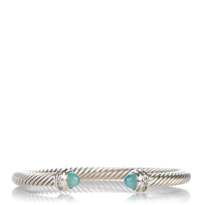 David Yurman Sterling Silver Diamond Aqua Chalcedony 5mm Cable Classics Bracelet 1 of 5