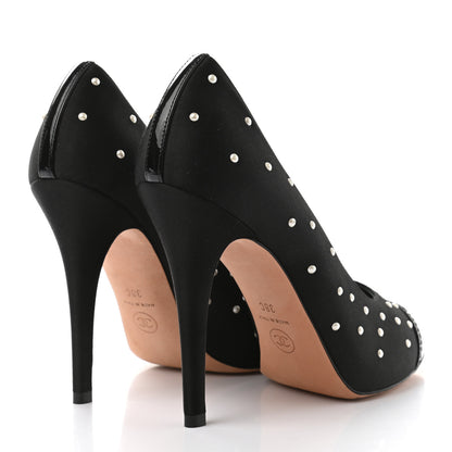 Chanel Satin Pearl Patent Cap Toe Pumps 38 Black 4 of 8