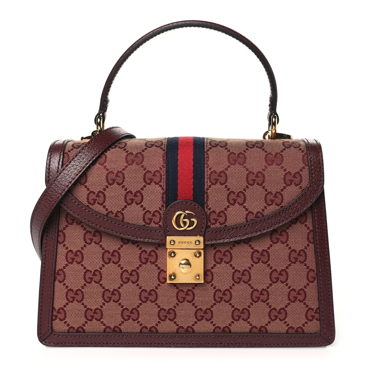 GG Supreme Monogram Textured Dollar Calfskin Web Small Ophidia Padlock Top Handle Bag Bordeaux