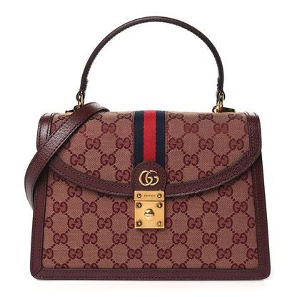 Gucci GG Supreme Monogram Textured Dollar Calfskin Web Small Ophidia Padlock Top Handle Bag Bordeaux 1 of 10
