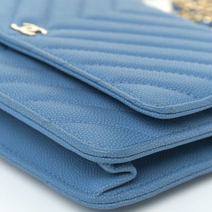 Chanel Caviar Flat Chevron Quilted Wallet On Chain WOC Blue 12 of 16
