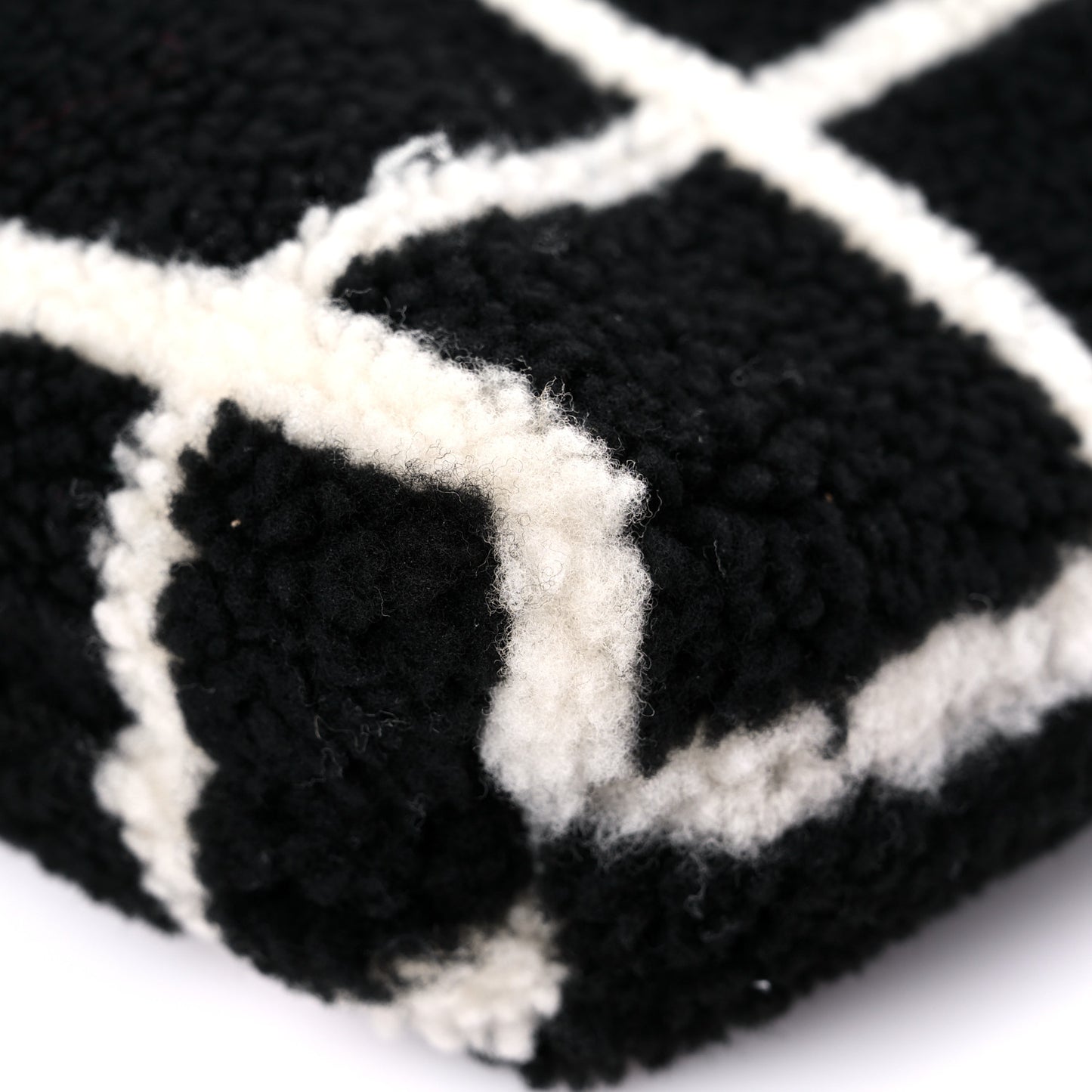 Shearling Lambskin Fluffy Tartan Shopping Bag Black White