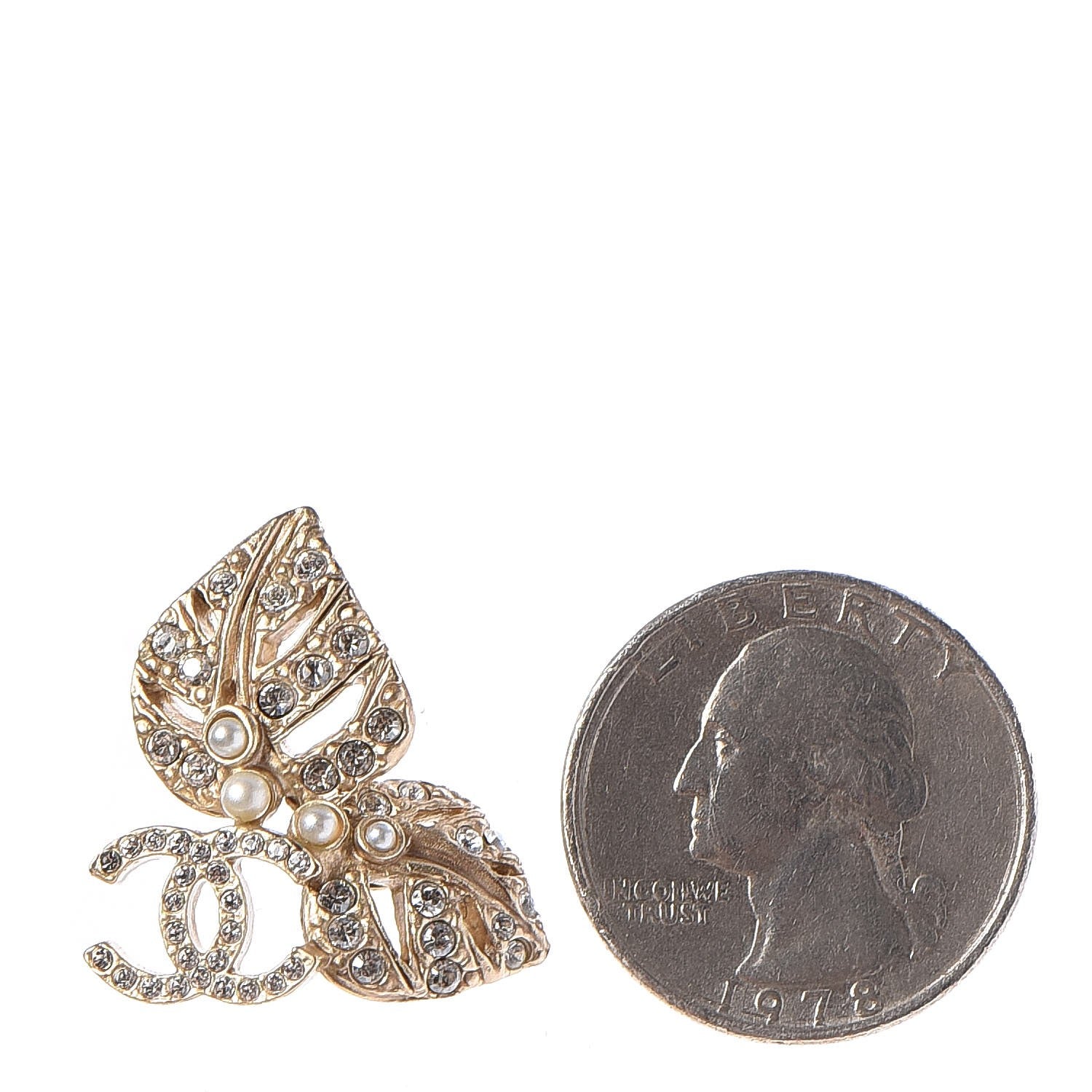 Chanel Crystal Pearl CC Leaf Earrings Gold 2 of 4