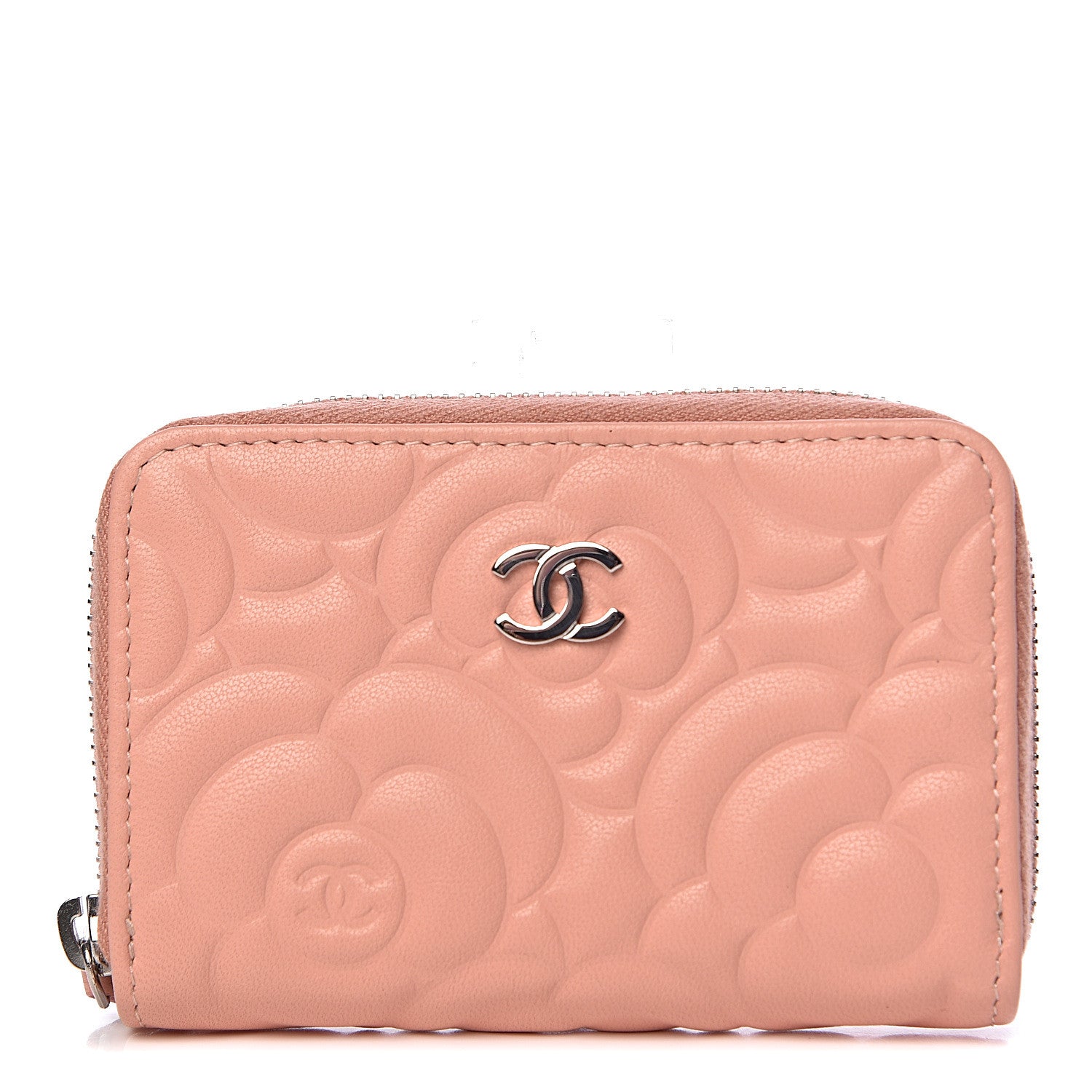Chanel Goatskin Camellia Embossed Zip Coin Purse Pink 1 of 8