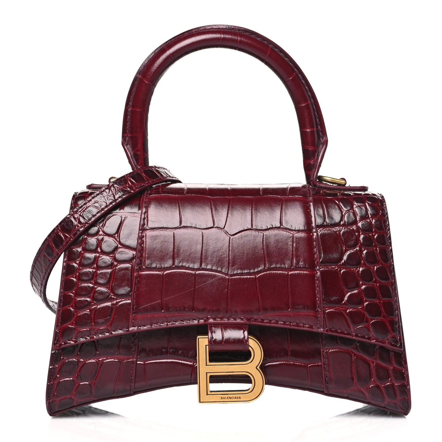 Shiny Calfskin Crocodile Embossed Hourglass Top Handle Bag XS Dark Red