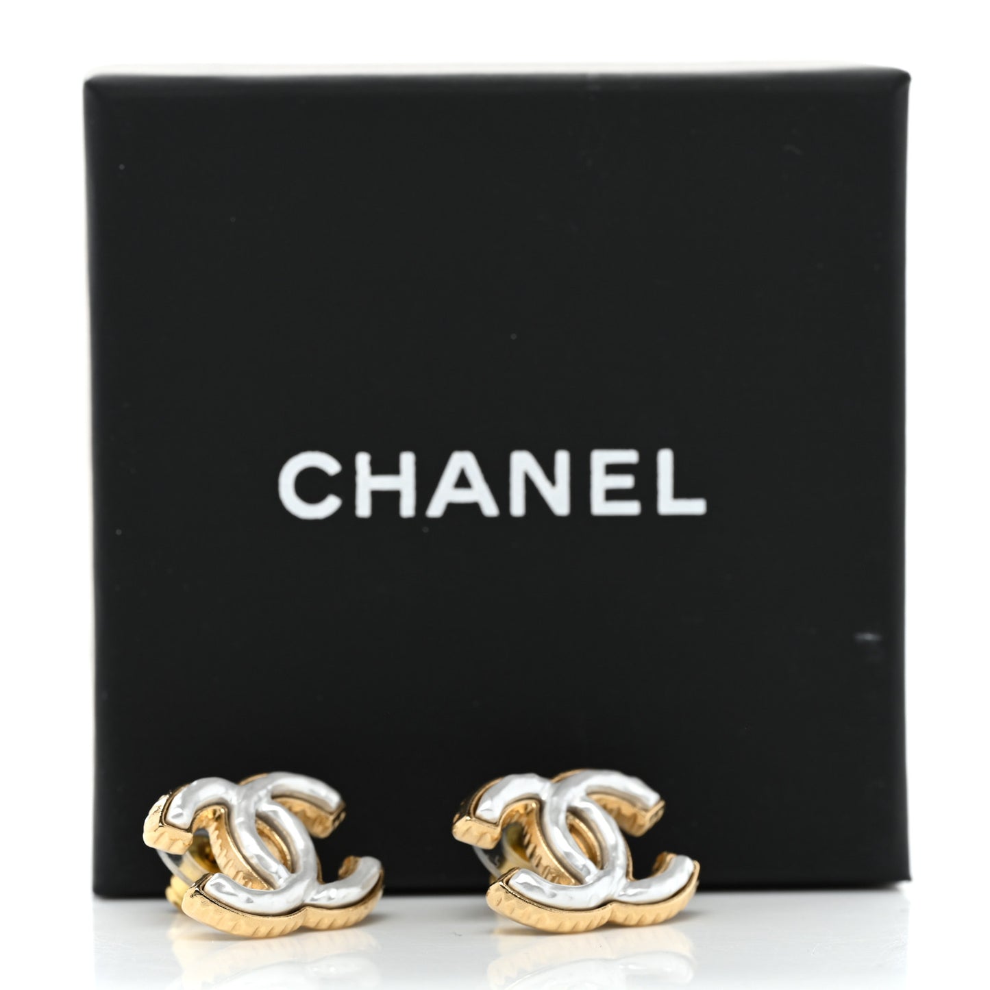 Metal Enamel CC Earrings Gold White