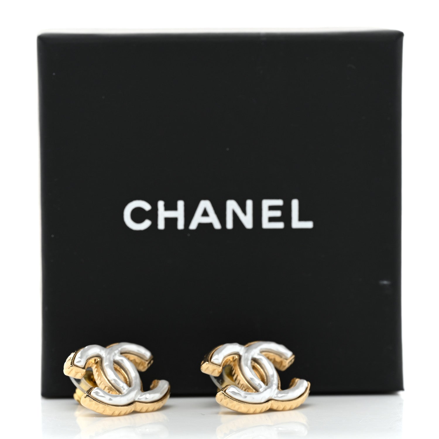 Chanel Metal Enamel CC Earrings Gold White 5 of 5