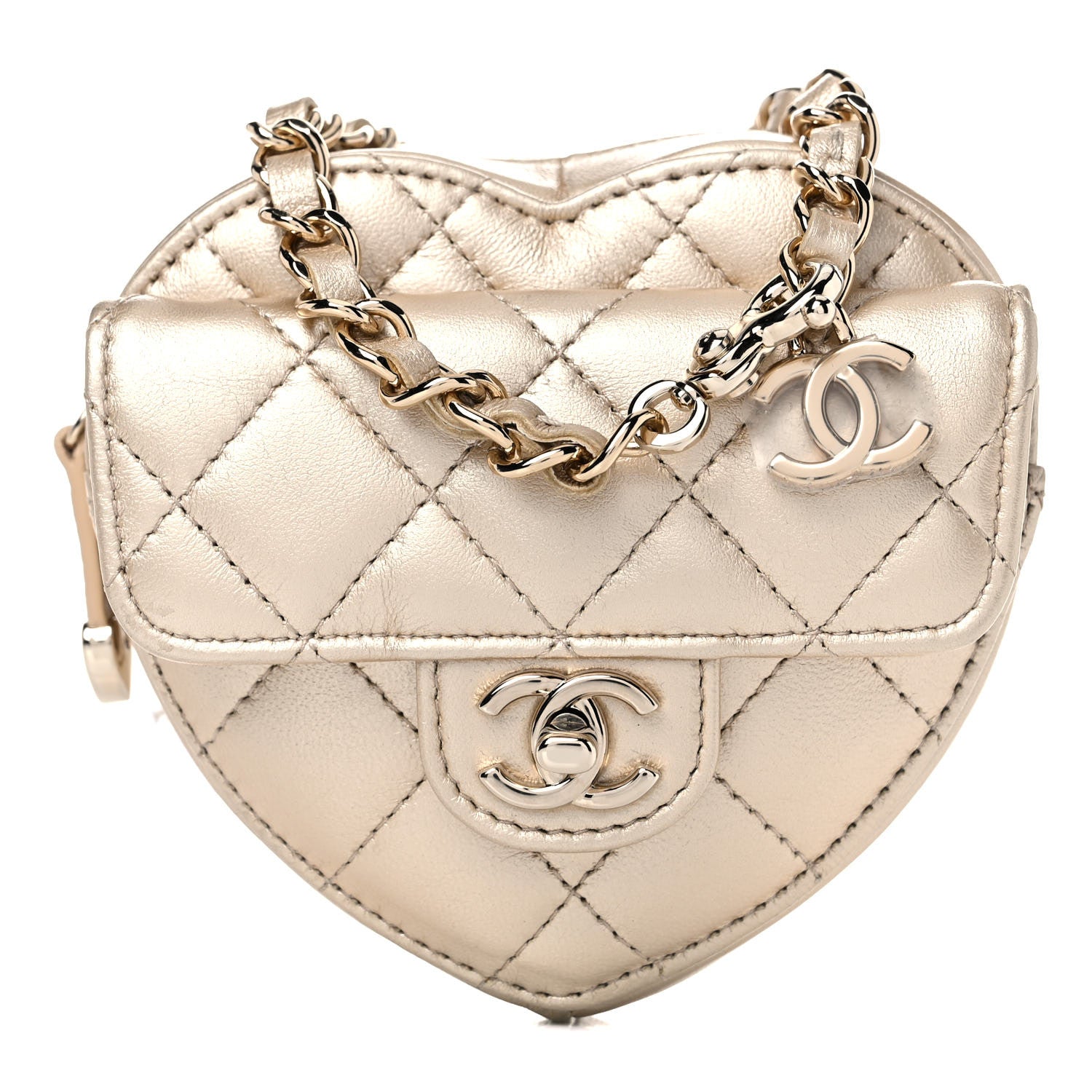 Chanel Metallic Lambskin Quilted CC In Love Heart Waist Belt Bag With Chain Gold 1 of 11