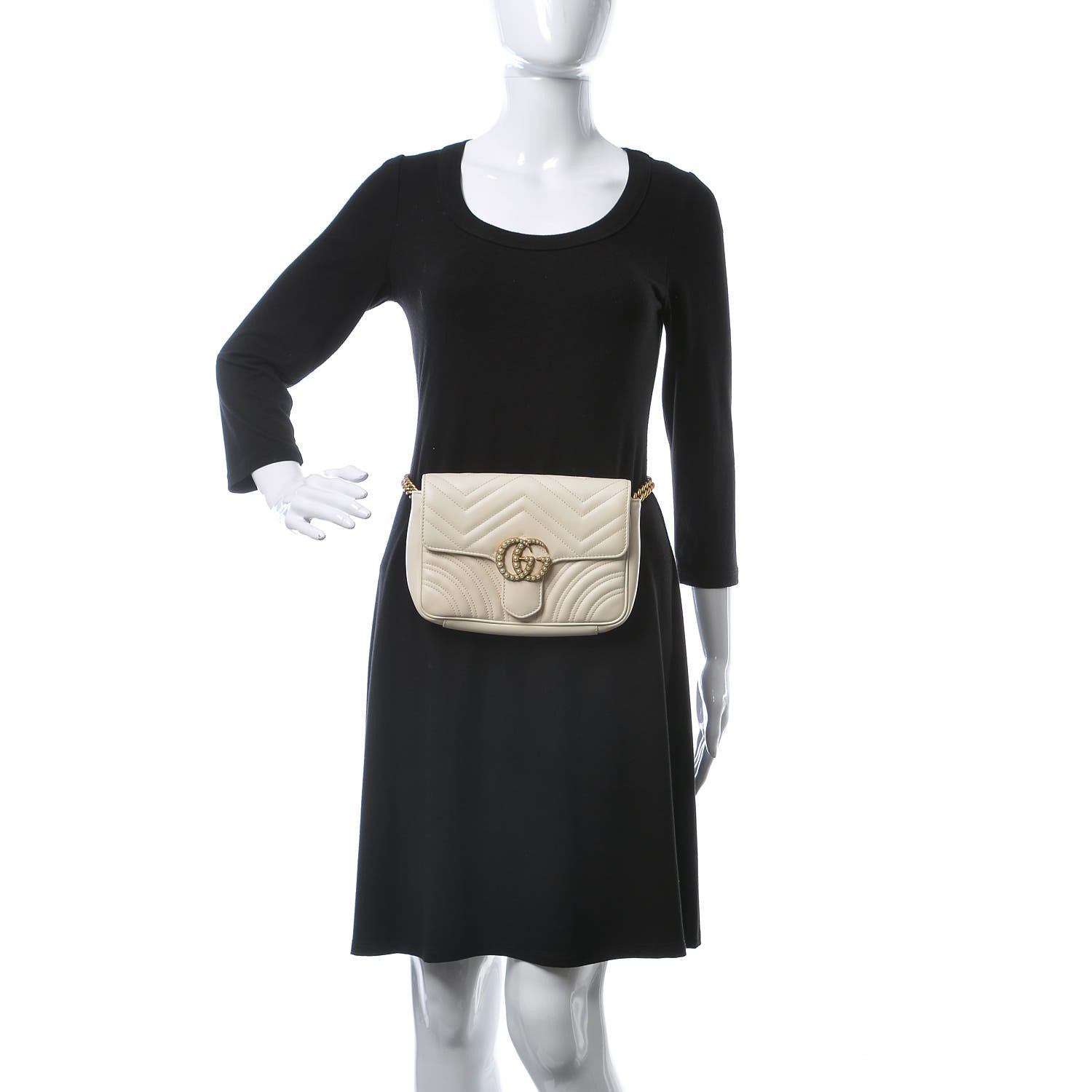 Gucci Calfskin Matelasse Pearly GG Marmont Chain Belt Bag Mystic White 2 of 9