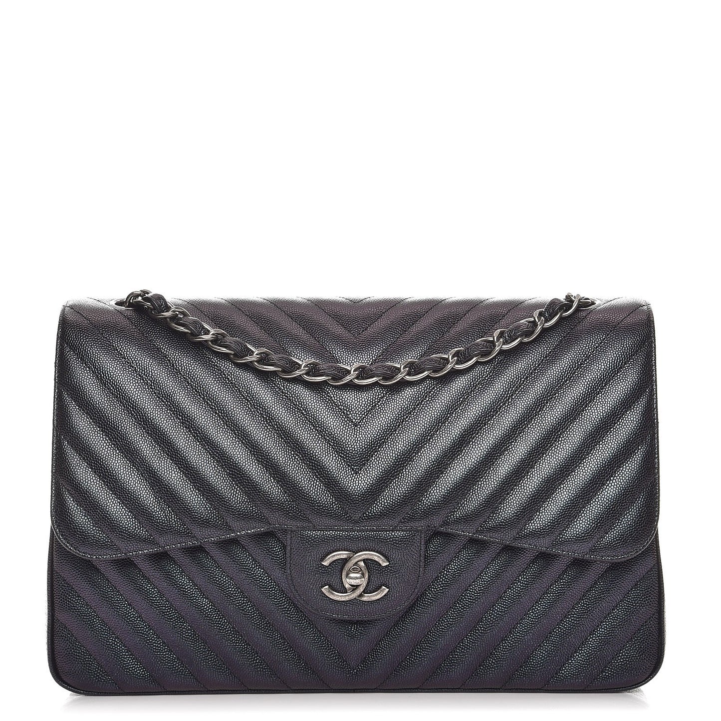 Metallic Caviar Chevron Quilted Jumbo Double Flap Black