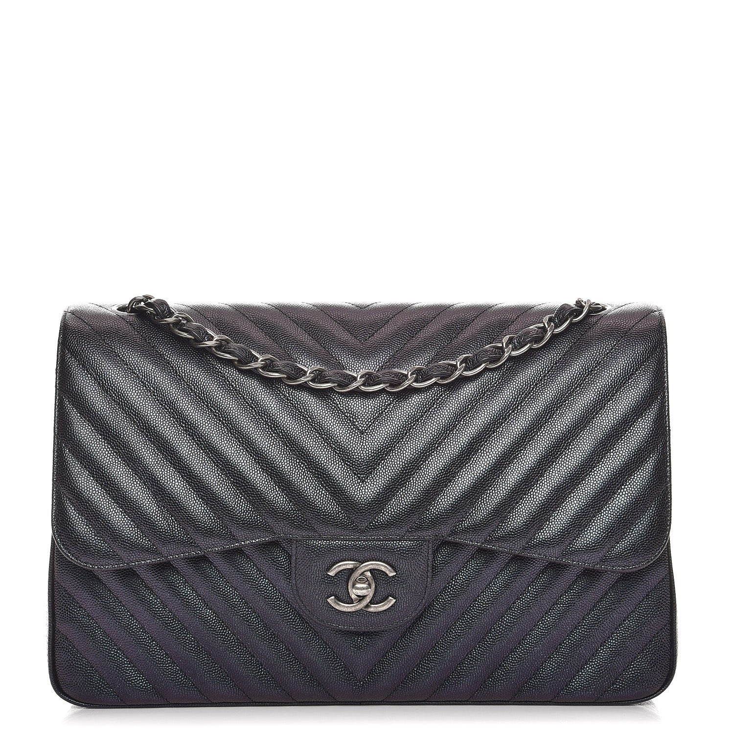 Chanel Metallic Caviar Chevron Quilted Jumbo Double Flap Black 1 of 9