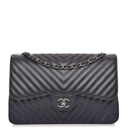 Chanel Metallic Caviar Chevron Quilted Jumbo Double Flap Black 1 of 9