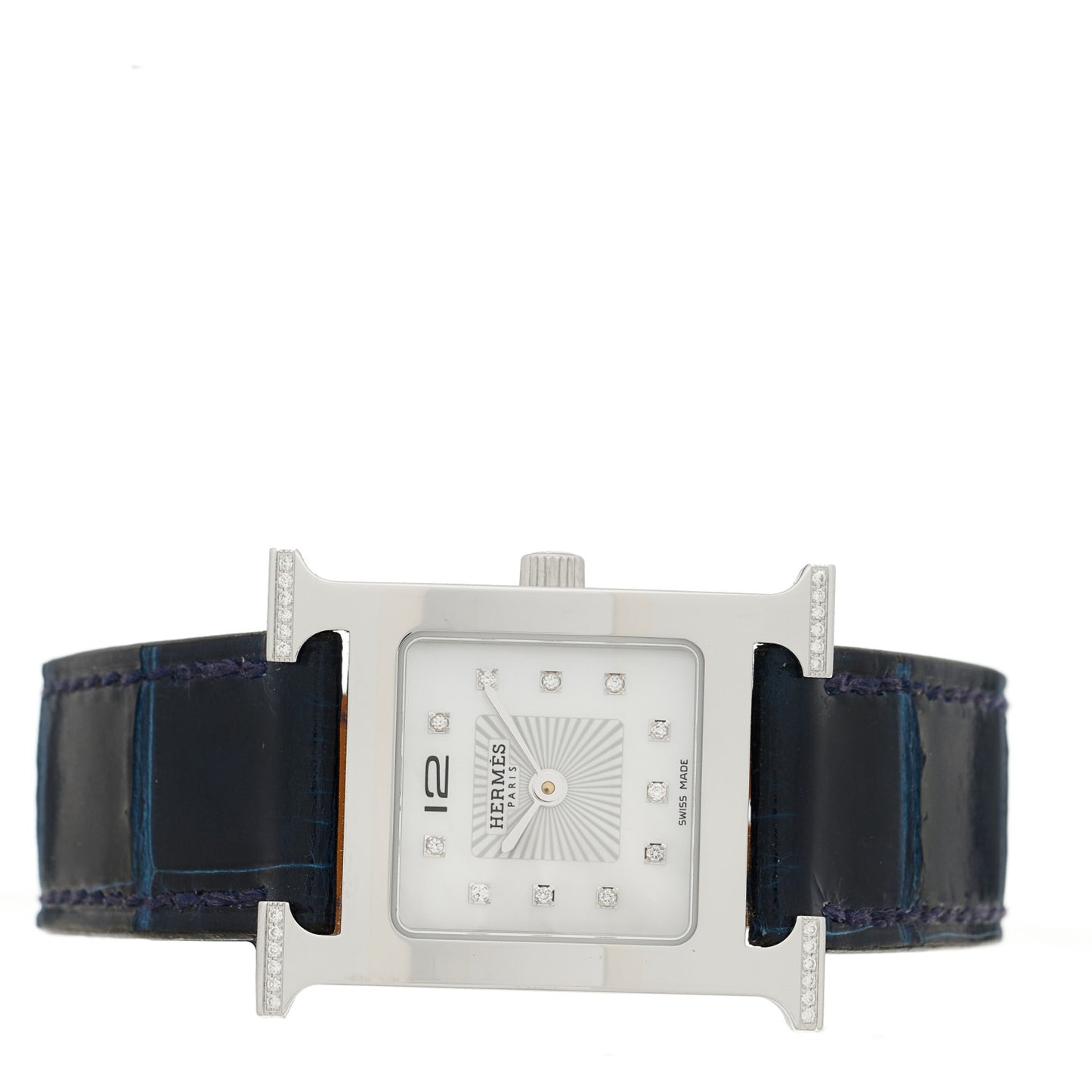 Stainless Steel Alligator Diamond Mother of Pearl 21mm Heure H Hour Quartz Watch Bleu Saphir